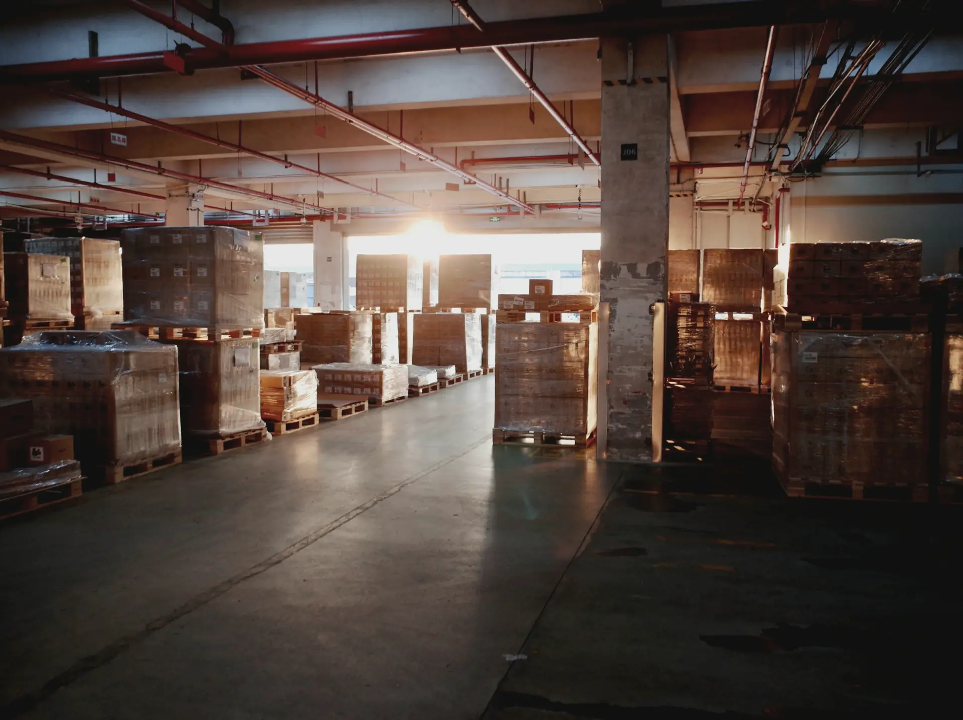 Warehouse with pallets of goods near a dock door