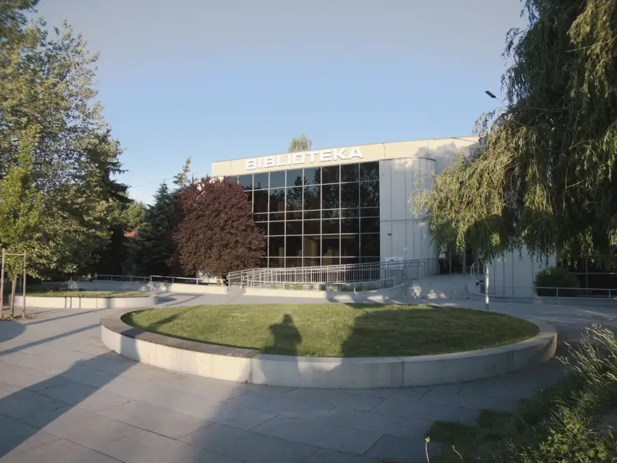 Modern community building with a circular lawn
