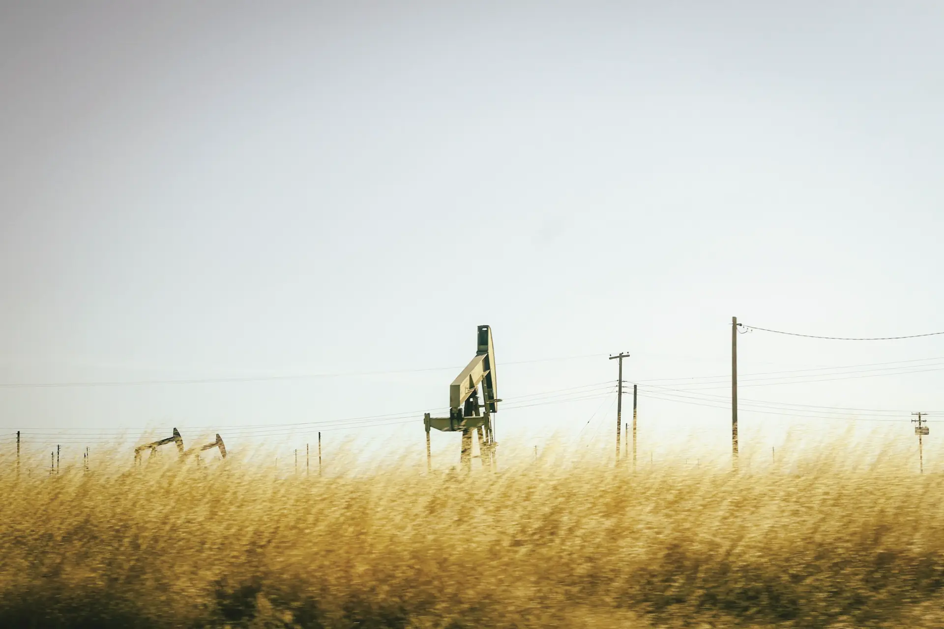 Pump jacks in a field of golden prairie grass