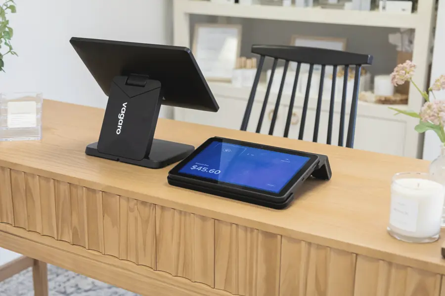 Point-of-sale terminal on a timber counter